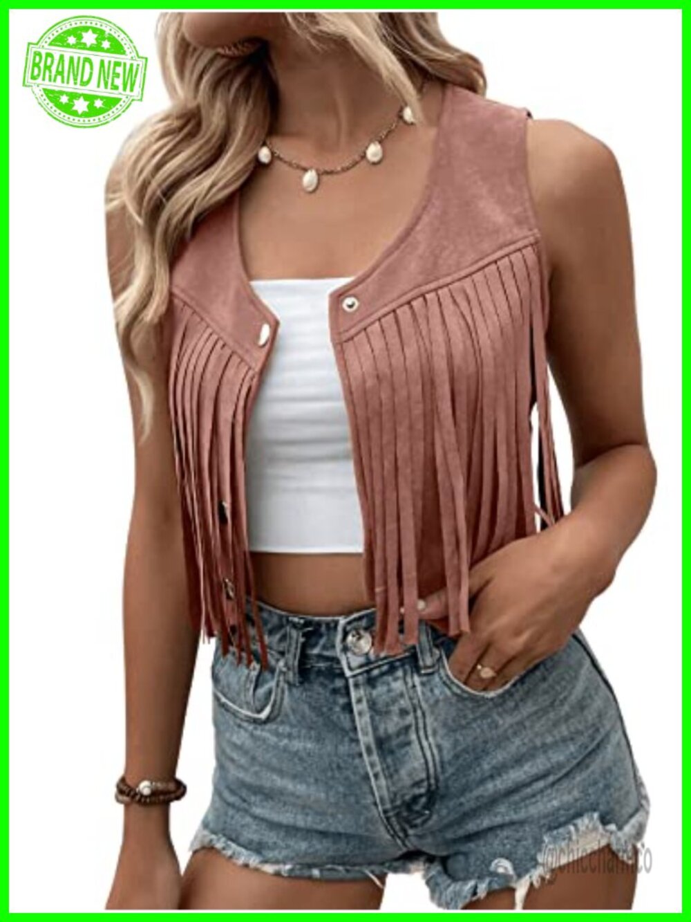 Suede Fringe Sleeveless Crop Vest Jacket Cowgirl Snap Button V Neck